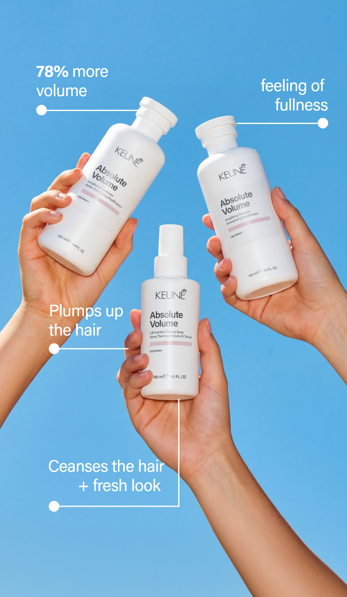 Keune Absolute Volume Lift and Grip Spray: Instantly boosts hair volume, creates texture with flexible grip, and offers a weightless feel. Provides heat protection and enhances movement.