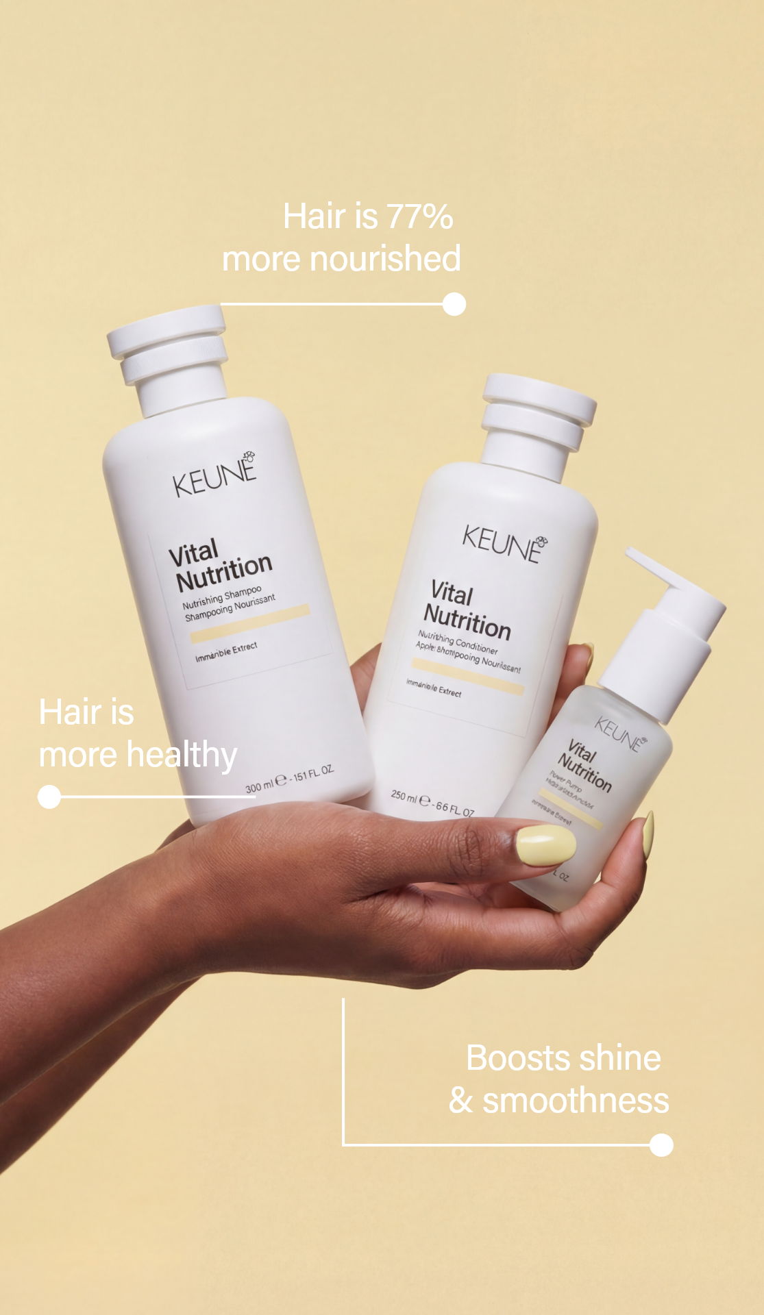 Vital Nutrition Mask improves elasticity, smooths damaged hair, strengthens, and adds shine. Perfect for dry hair. On keune.ch